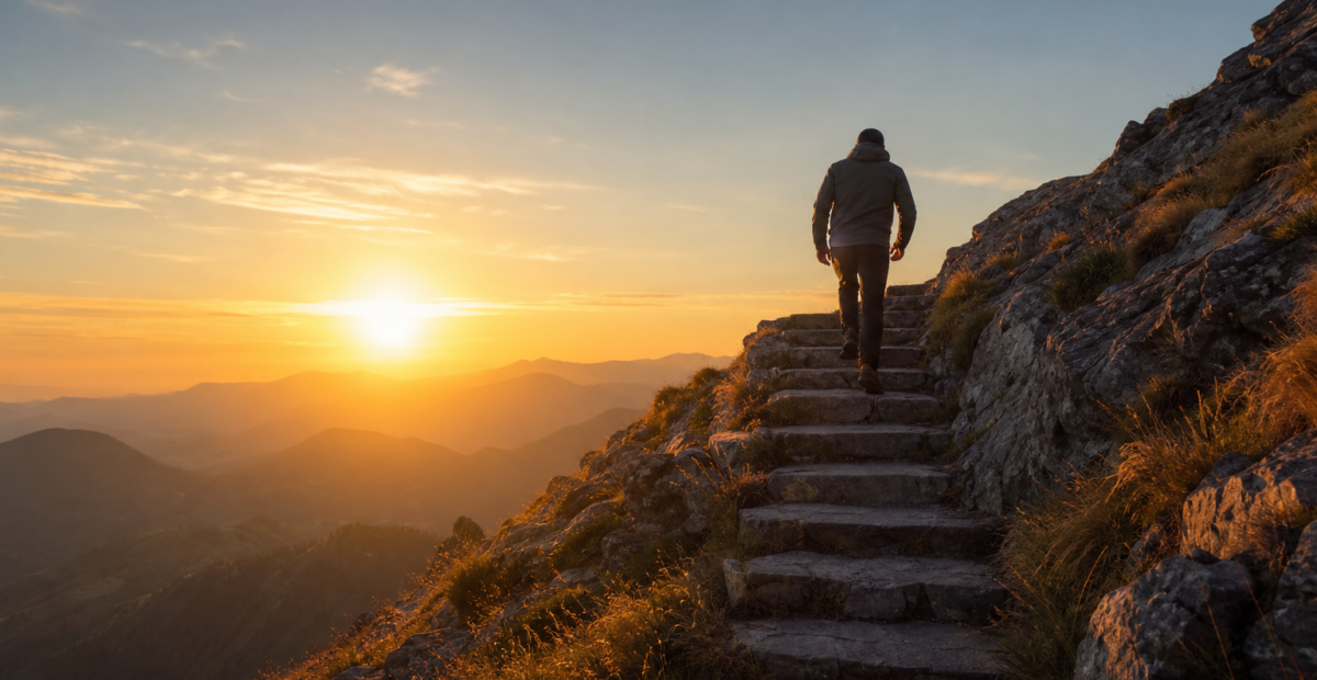 Persona avanzando por escalones iluminados al amanecer