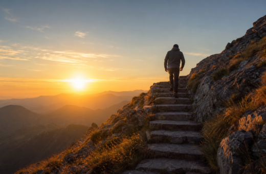 Persona avanzando por escalones iluminados al amanecer