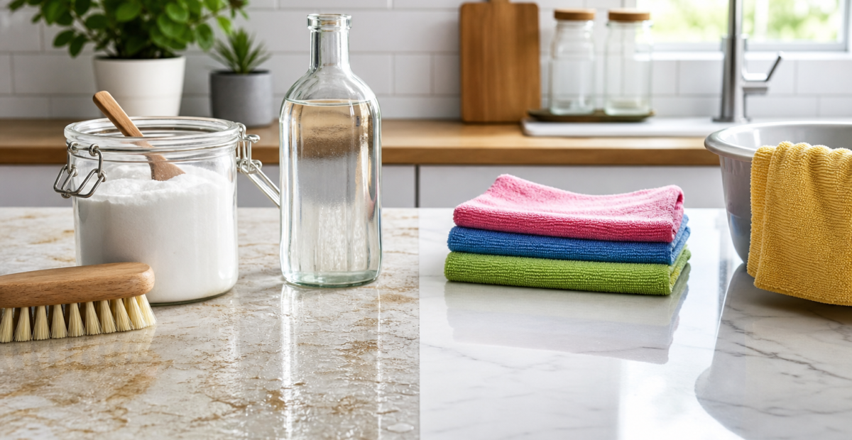 Productos sencillos de limpieza doméstica junto a paños de microfibra