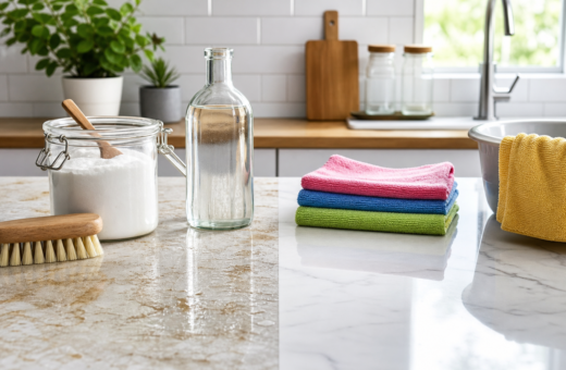 Productos sencillos de limpieza doméstica junto a paños de microfibra