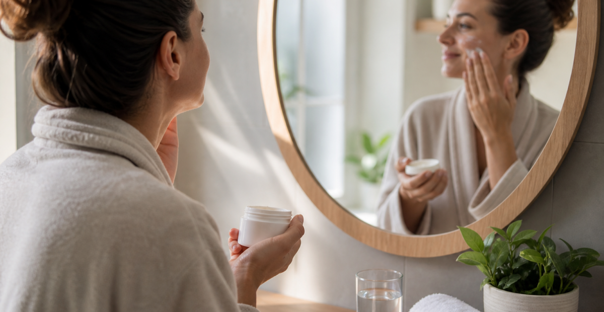 Rutina minimalista de cuidado personal con crema y protector solar