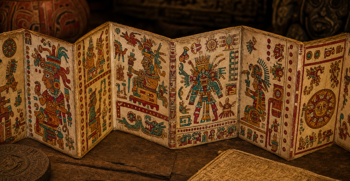 Interpretación artística de un códice mesoamericano desplegado