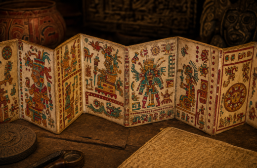 Interpretación artística de un códice mesoamericano desplegado