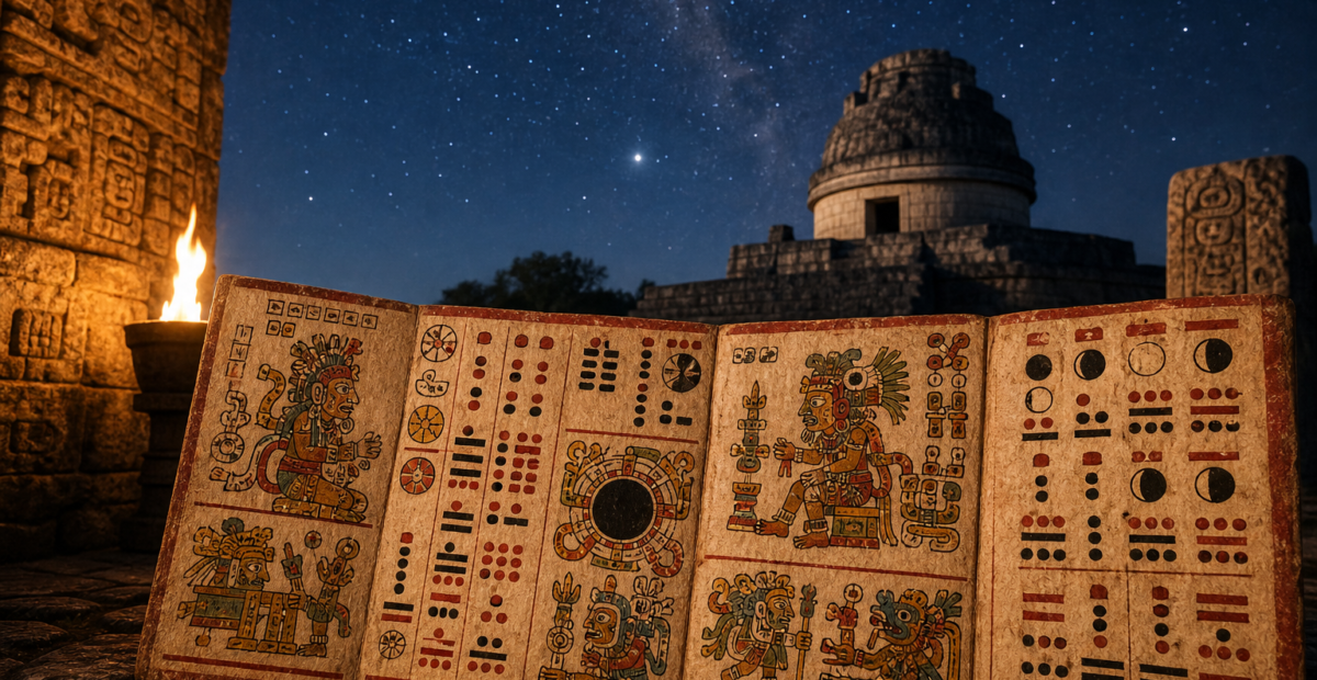 Interpretación artística de un códice maya con signos astronómicos