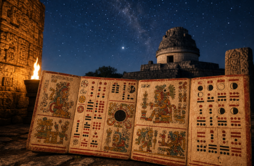 Interpretación artística de un códice maya con signos astronómicos