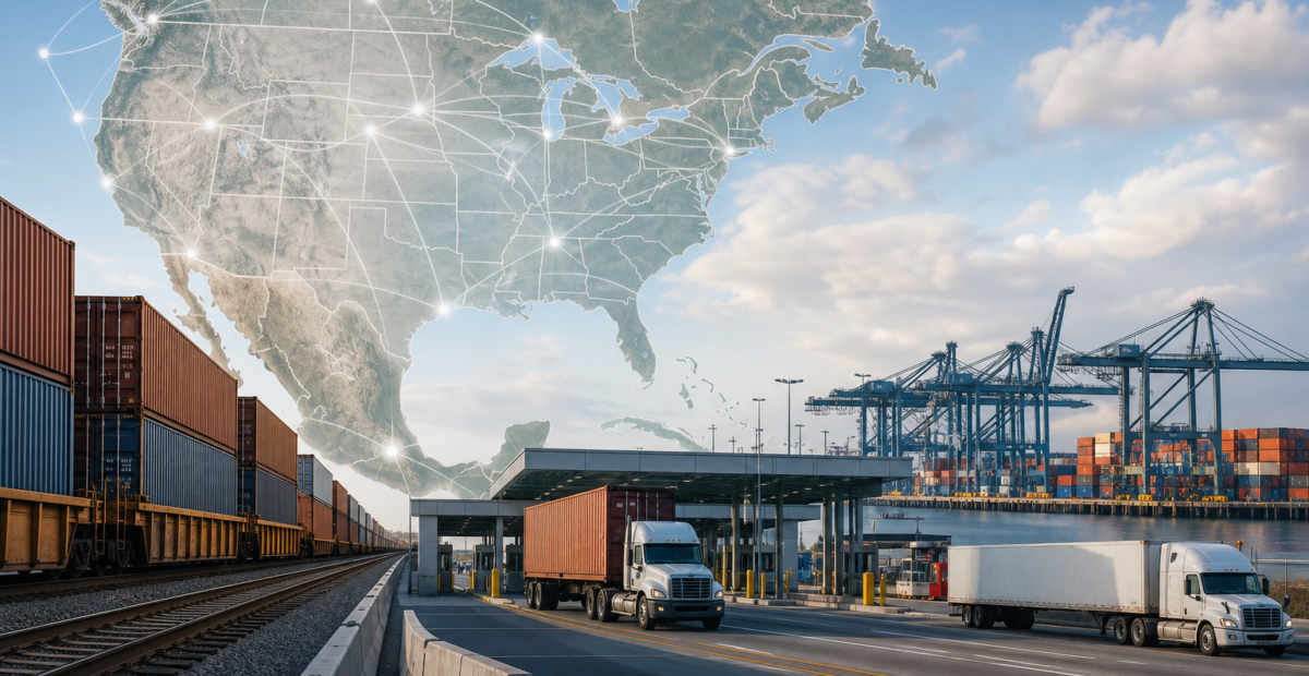 Trenes de carga y contenedores simbolizando el comercio del T-MEC