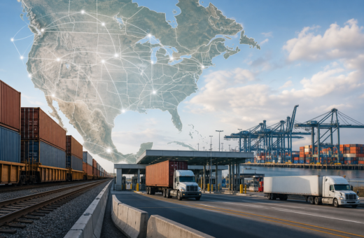 Trenes de carga y contenedores simbolizando el comercio del T-MEC
