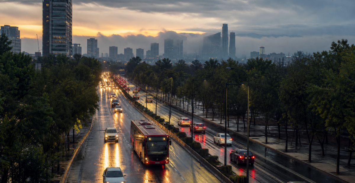 Avenida de Ciudad de México con tráfico matutino y pavimento mojado bajo cielo nublado