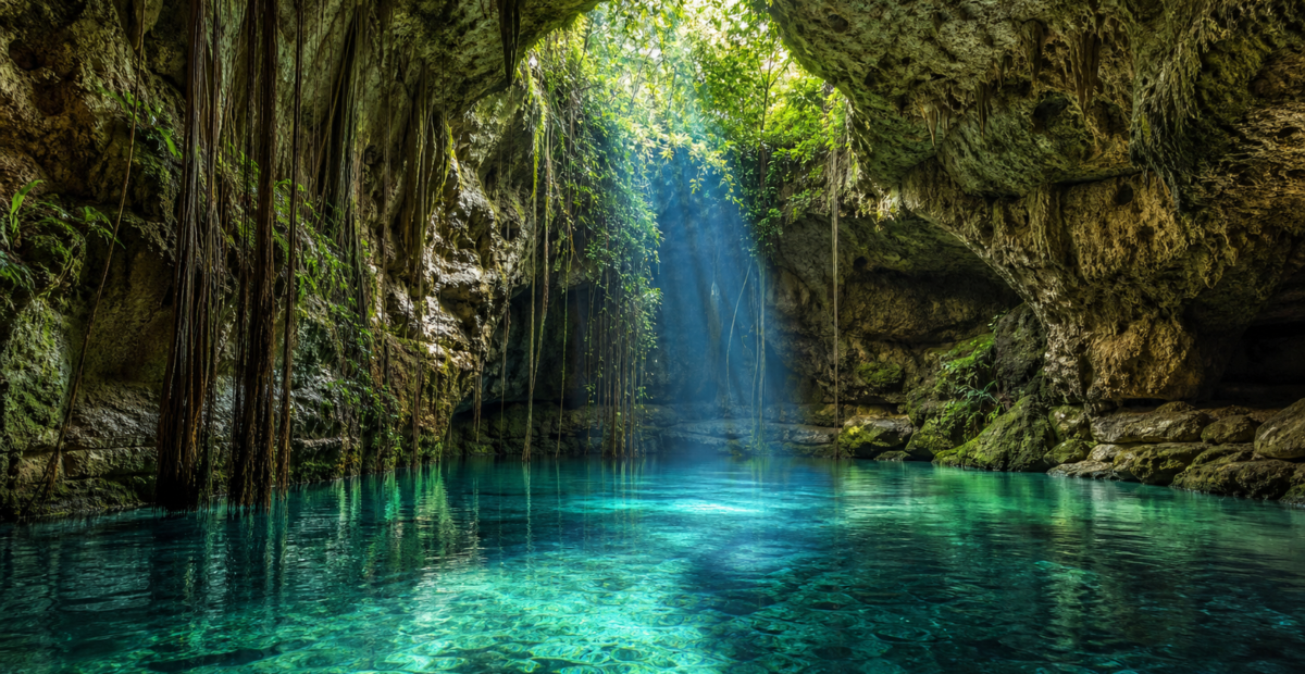 Cenote de agua turquesa entre rocas calizas y raíces en Yucatán
