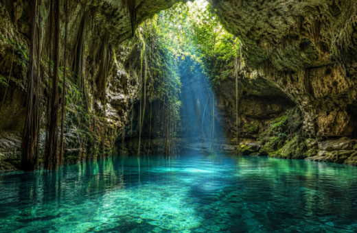 Cenote de agua turquesa entre rocas calizas y raíces en Yucatán