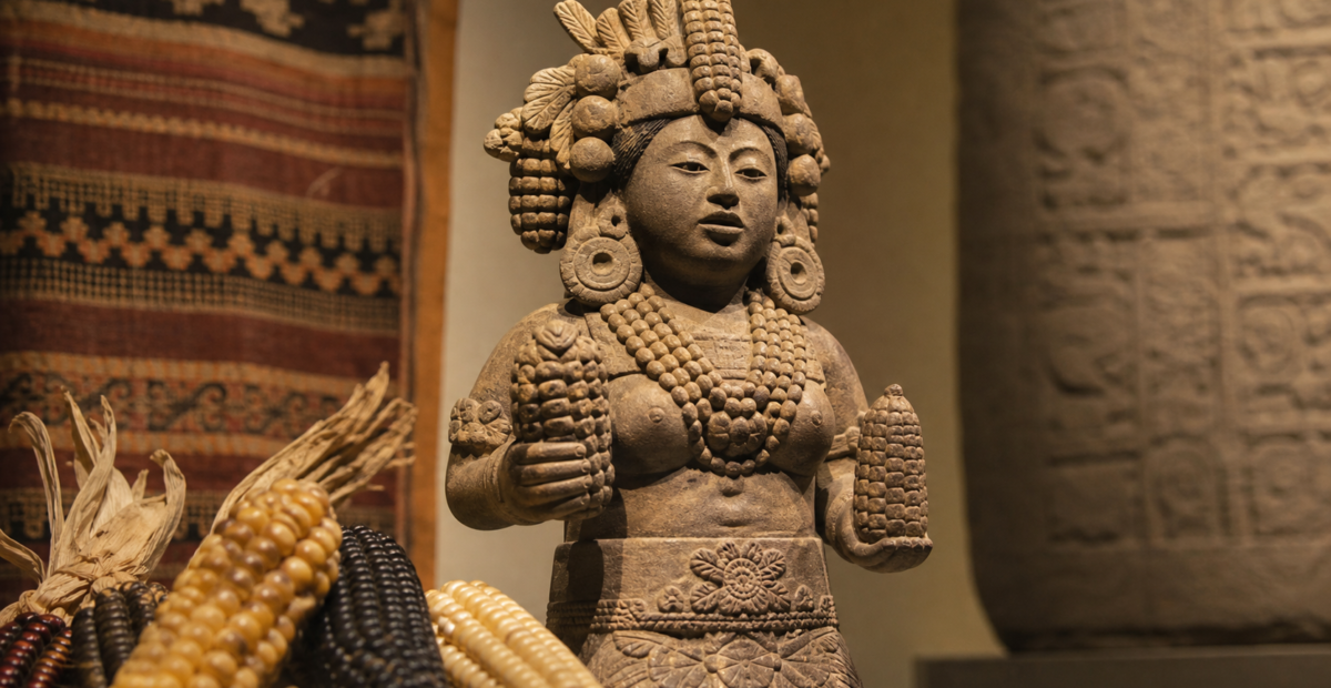 Representación editorial de Chicomecóatl, deidad mexica vinculada al maíz y al sustento