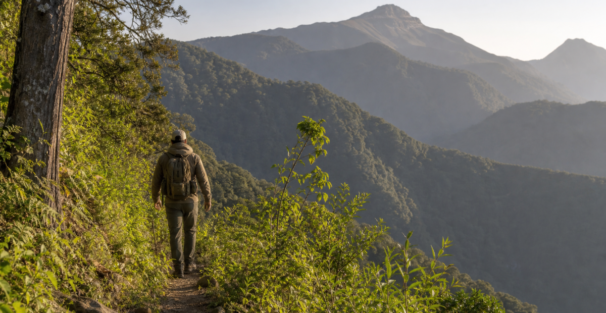 Guardaparque camina por un sendero de un área natural protegida entre bosque y montañas.