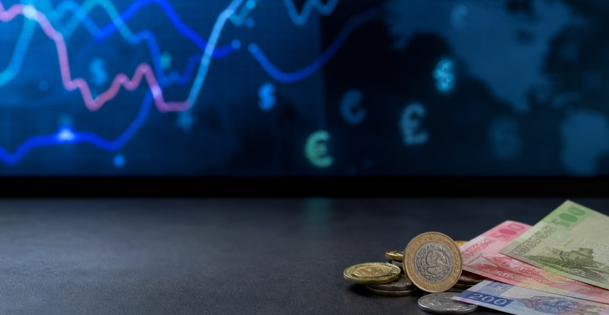Monedas y billetes mexicanos junto a una pantalla con referencias cambiarias