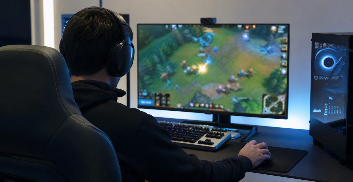Jugador entrena en una estación de eSports con monitor y audífonos