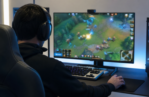 Jugador entrena en una estación de eSports con monitor y audífonos