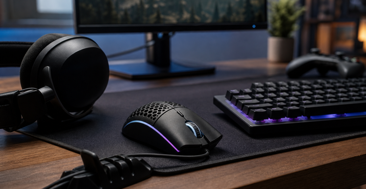 Mouse, teclado y audífonos para una estación de eSports