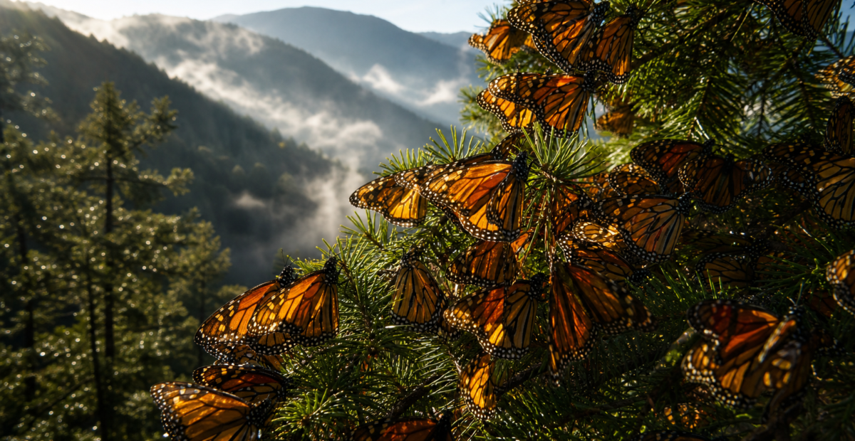 Mariposas monarca descansan sobre ramas de oyamel en un bosque del centro de México