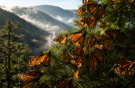 Mariposas monarca descansan sobre ramas de oyamel en un bosque del centro de México