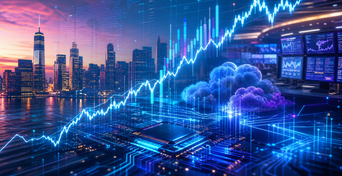 Ilustración editorial del cierre alcista del Nasdaq con tecnología, nube y semiconductores