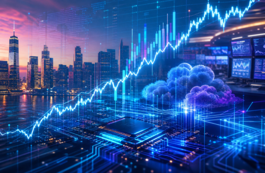 Ilustración editorial del cierre alcista del Nasdaq con tecnología, nube y semiconductores