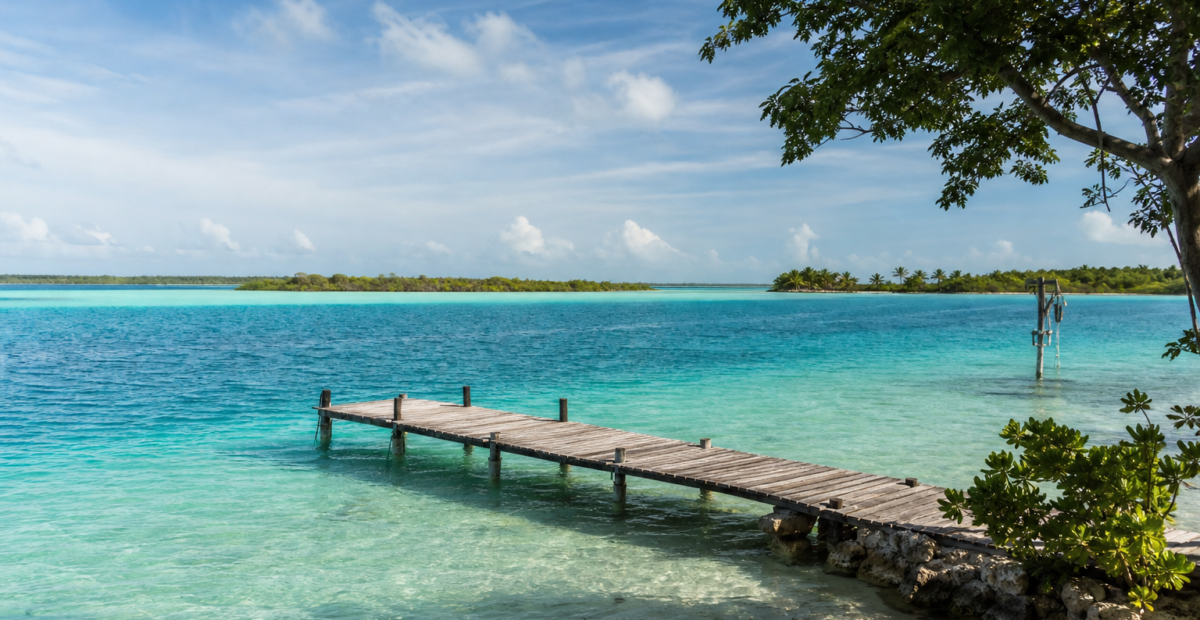 Laguna de Bacalar de tonos turquesa con vegetación caribeña
