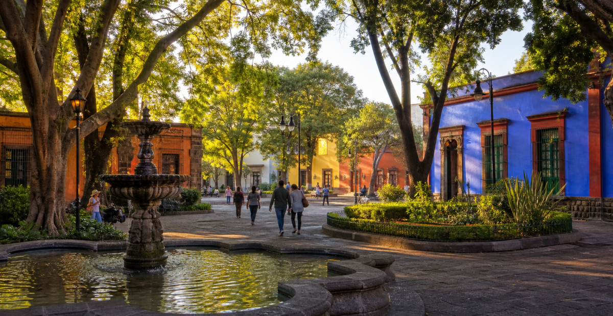 Plaza arbolada de Coyoacán con fuente y arquitectura histórica al amanecer