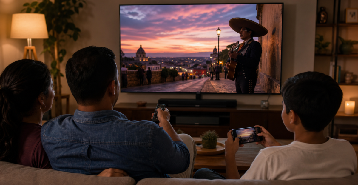 Familia mira un video musical en una televisión conectada mientras usa teléfonos como segunda pantalla