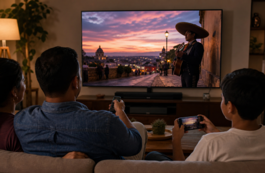 Familia mira un video musical en una televisión conectada mientras usa teléfonos como segunda pantalla