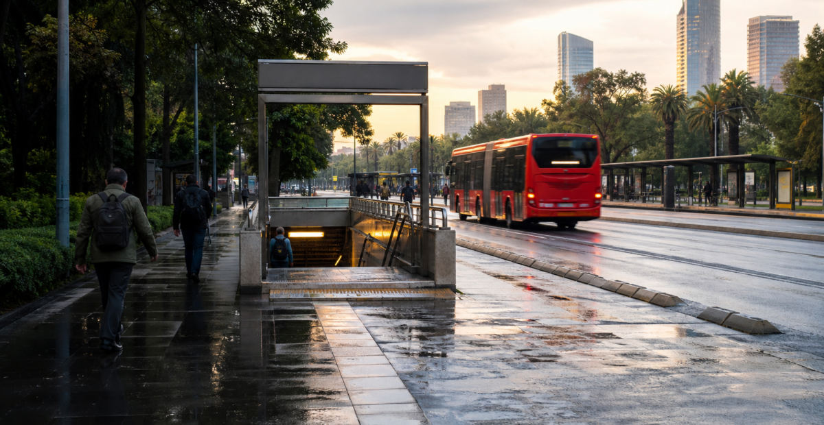 Avenida de Ciudad de México al amanecer con pavimento mojado, transporte público y entrada de Metro