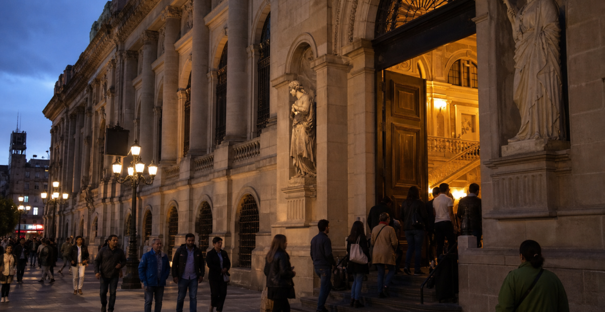 Visitantes entrando a un museo de la Ciudad de México durante una noche cultural