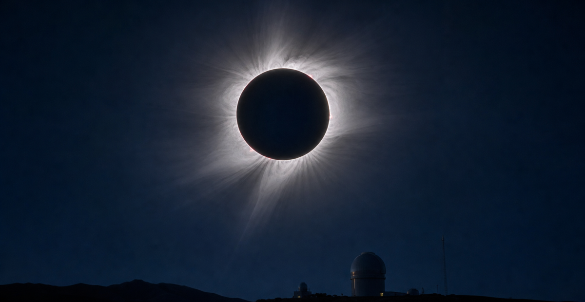 Eclipse solar total con corona luminosa sobre un observatorio