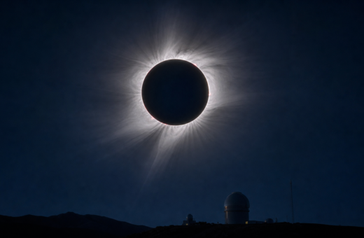 Eclipse solar total con corona luminosa sobre un observatorio