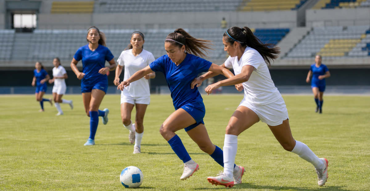 Jugadoras de futbol disputan un balón durante un partido en estadio mexicano
