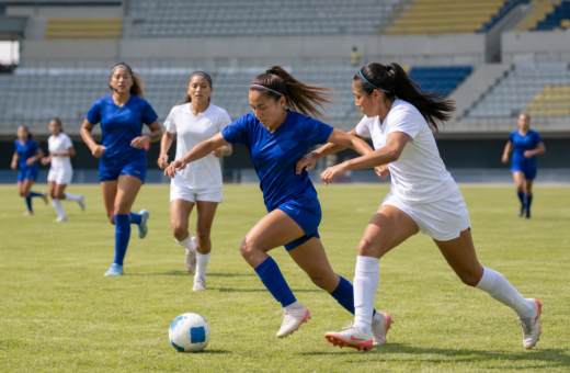 Jugadoras de futbol disputan un balón durante un partido en estadio mexicano