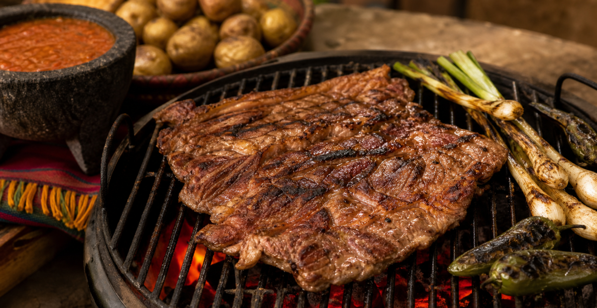 Aguja norteña sellada en una parrilla de carbón con papas, jalapeños y salsa molcajeteada.
