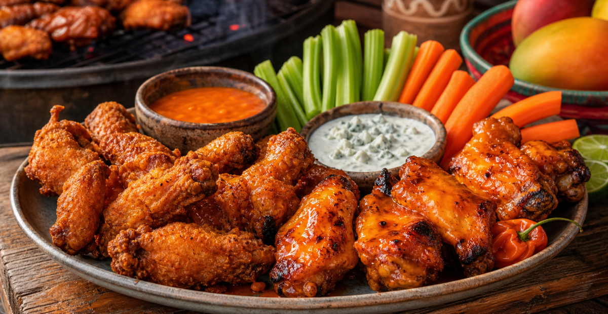 Alitas de pollo mango habanero fritas y ahumadas con apio, zanahoria y aderezo.