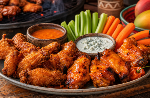 Alitas de pollo mango habanero fritas y ahumadas con apio, zanahoria y aderezo.