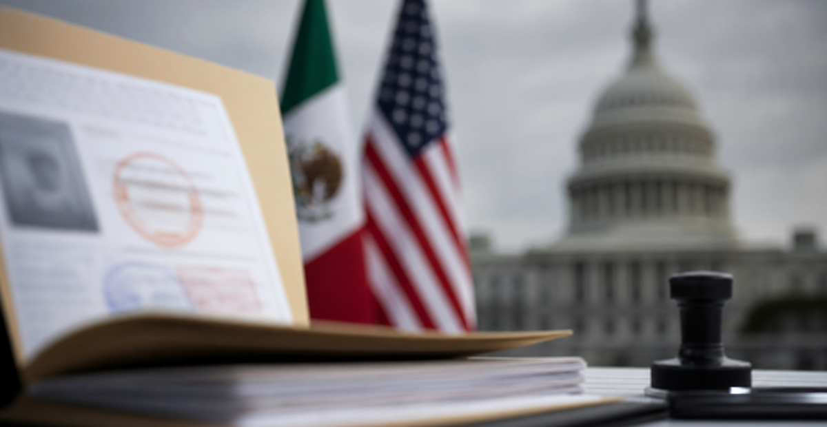 Carpeta consular y banderas de México y Estados Unidos en un contexto de cooperación bilateral.
