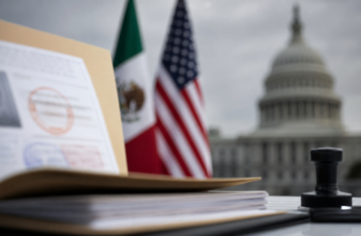 Carpeta consular y banderas de México y Estados Unidos en un contexto de cooperación bilateral.