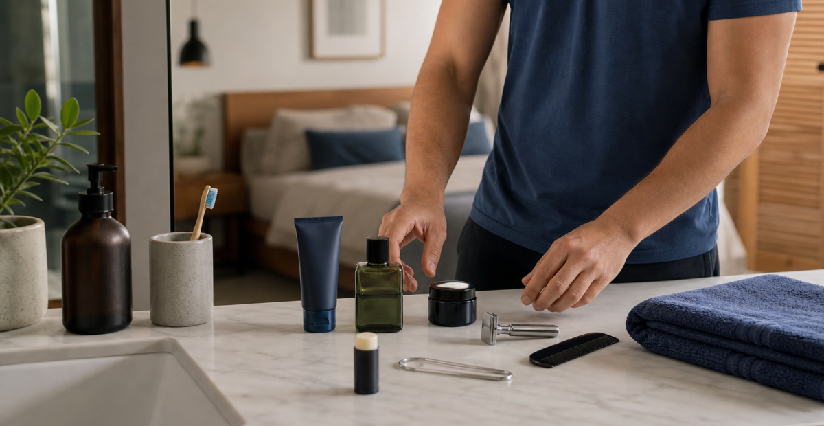 Productos y herramientas de autocuidado masculino organizados sobre un lavabo.