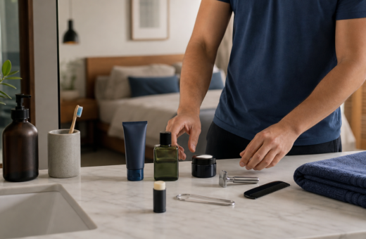 Productos y herramientas de autocuidado masculino organizados sobre un lavabo.
