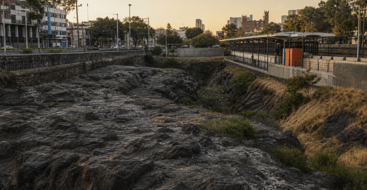 Paisaje volcánico y vialidad urbana en la zona de Barranca del Muerto, al sur de la Ciudad de México.