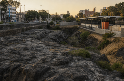 Paisaje volcánico y vialidad urbana en la zona de Barranca del Muerto, al sur de la Ciudad de México.
