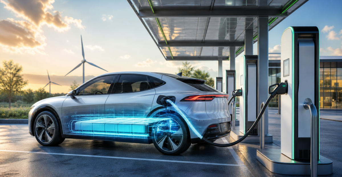 Vehículo eléctrico conectado a una estación de carga ultrarrápida con la batería iluminada
