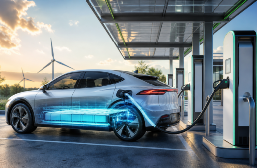 Vehículo eléctrico conectado a una estación de carga ultrarrápida con la batería iluminada