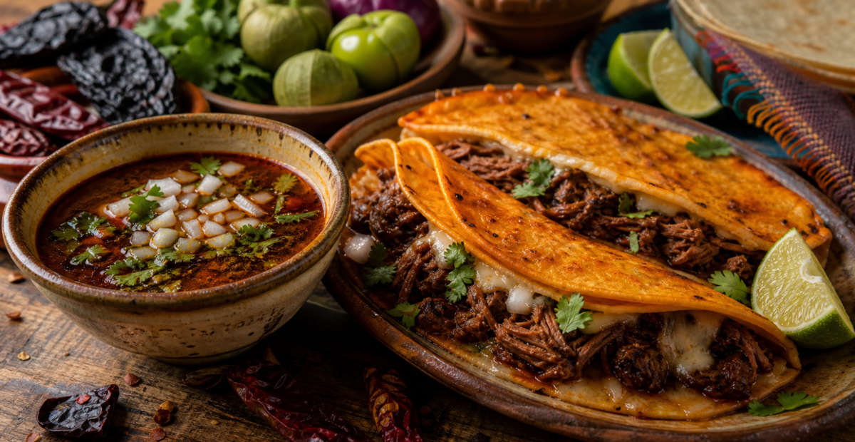 Quesabirrias doradas con carne de res y consomé servido en un tazón.