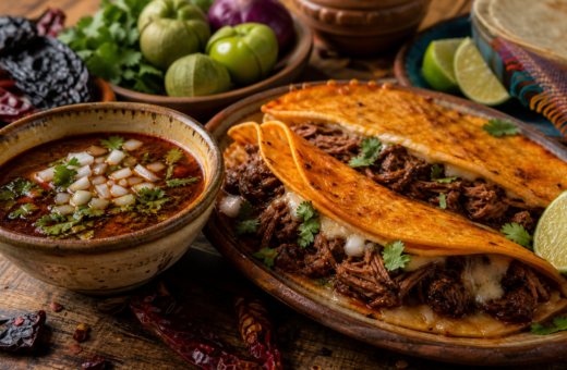 Quesabirrias doradas con carne de res y consomé servido en un tazón.