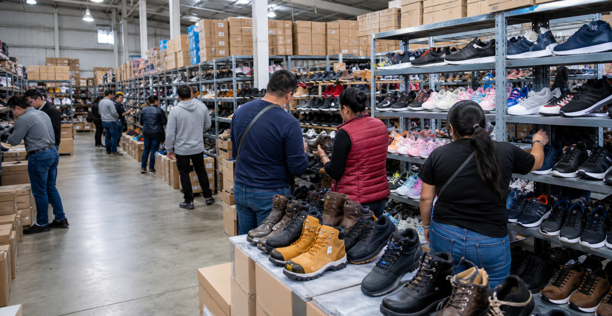 Calzado casual, deportivo y de seguridad exhibido en una bodega mayorista.