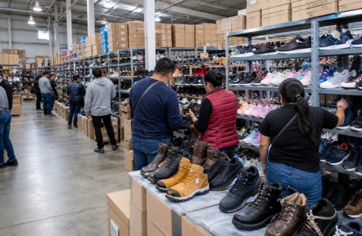 Calzado casual, deportivo y de seguridad exhibido en una bodega mayorista.