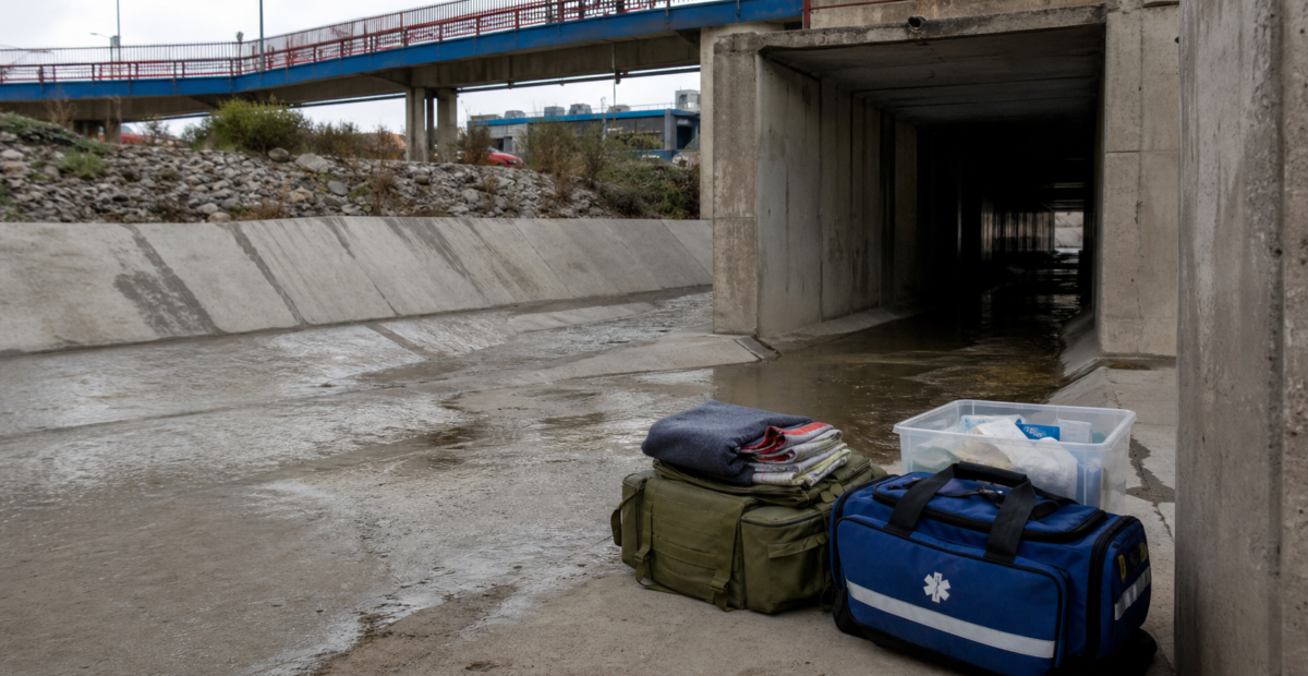 Canalización pluvial de El Bordo en Tijuana con equipo de atención humanitaria visible desde un punto seguro.